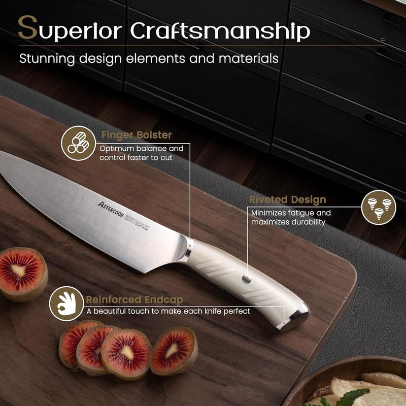 Astercook Knife Set, Kitchen Knife Set with Block, 15 Pcs Luxurious High Carbon German Stainless Steel Knives Set with Full Tang Ergonomic Handle, Dishwasher Safe Knife Block Set with Sharpening Rod - Image 3